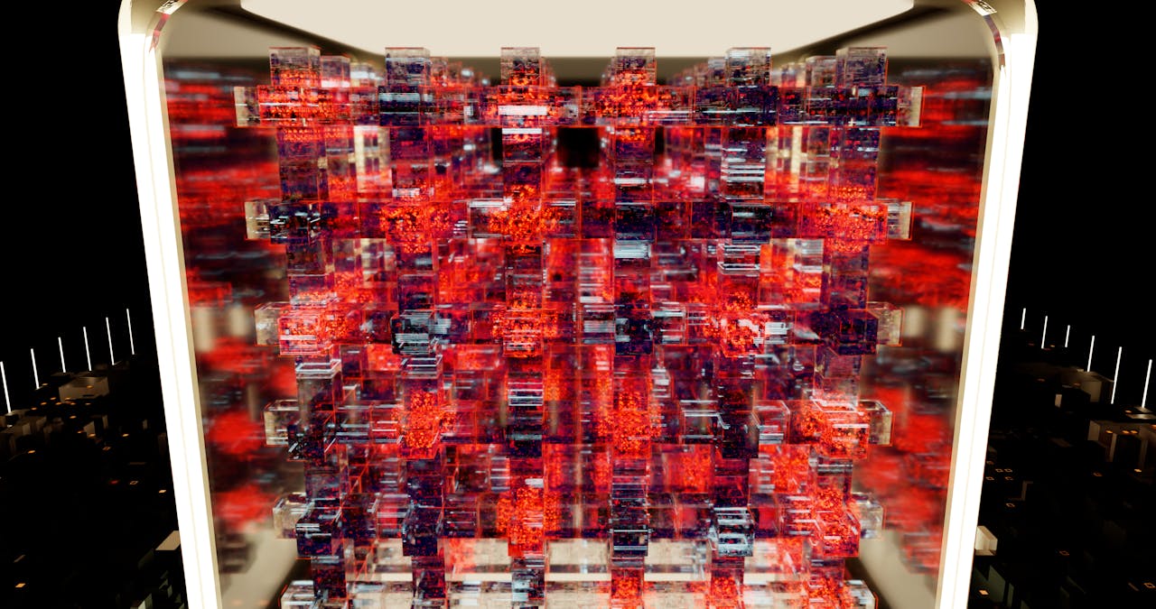 Complex digital structure of red and black blocks, creating a 3D illusion.